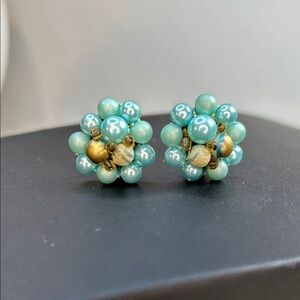 Vintage Japan Beaded Cluster Clip On Earrings